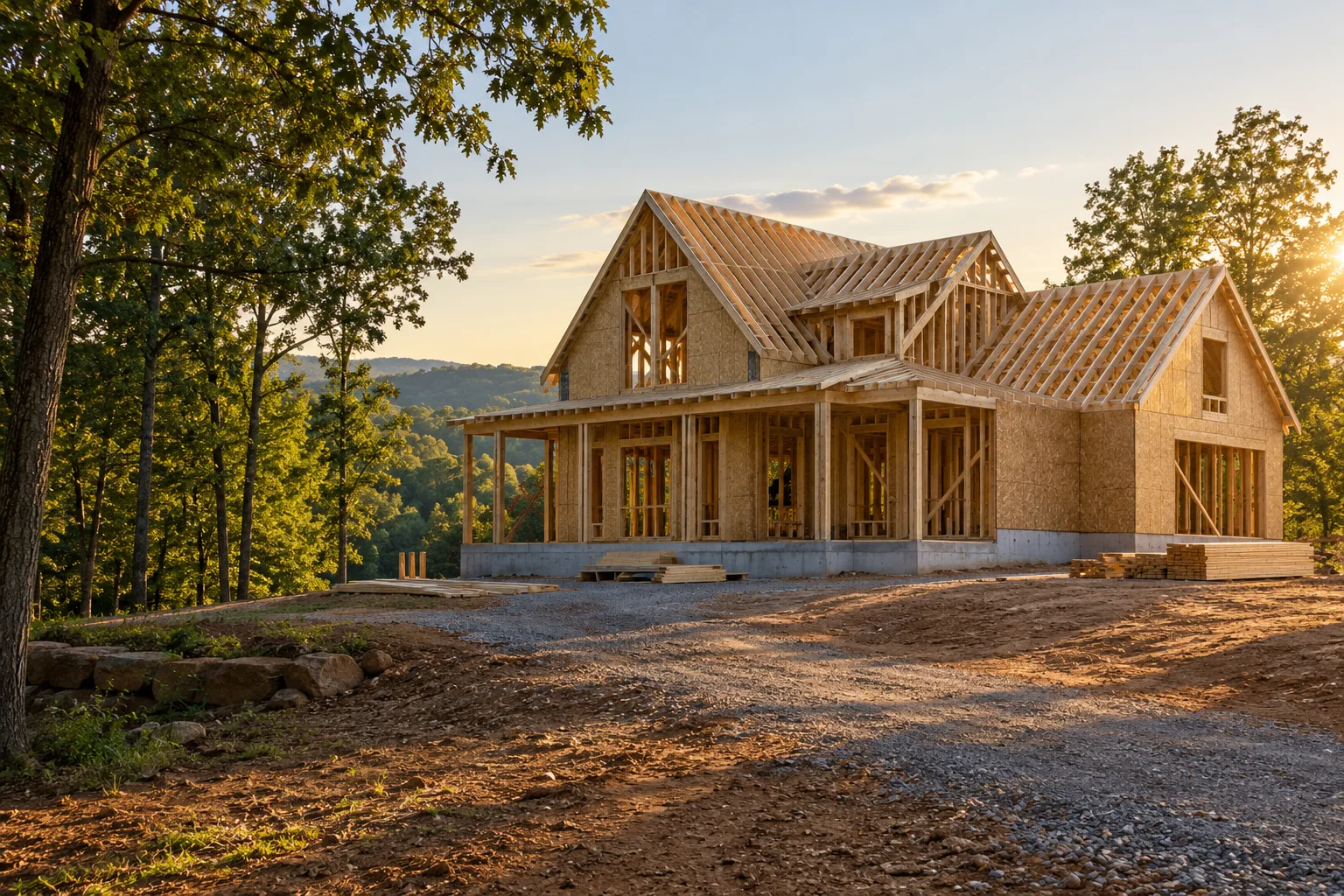 Illustrative new-home construction scene on a wooded lot